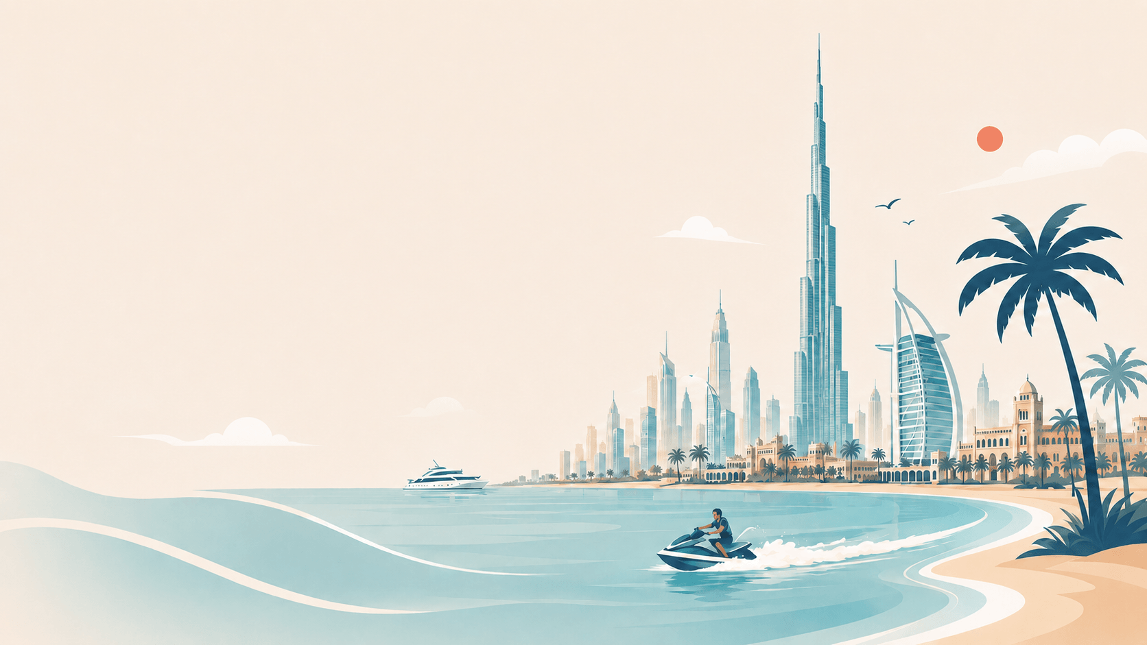 Illustration du front de mer de Dubaï : Burj Khalifa, Burj Al Arab et jet-ski sur le lagon